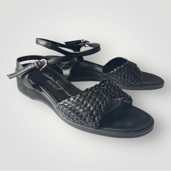 Ferragamo Classic Slingback Sandals Woven Leather Top Black Leather Shoes 8B - Picture 2 of 14